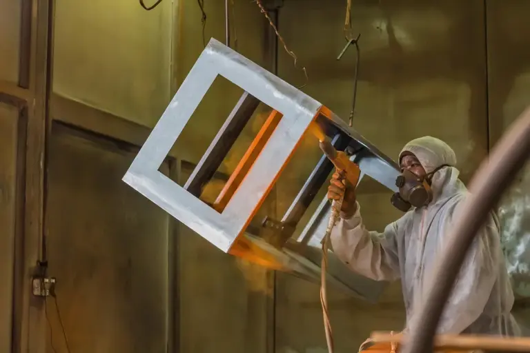 A worker in a protective suit and respirator applies epoxy coating to a metal frame inside a spray booth.