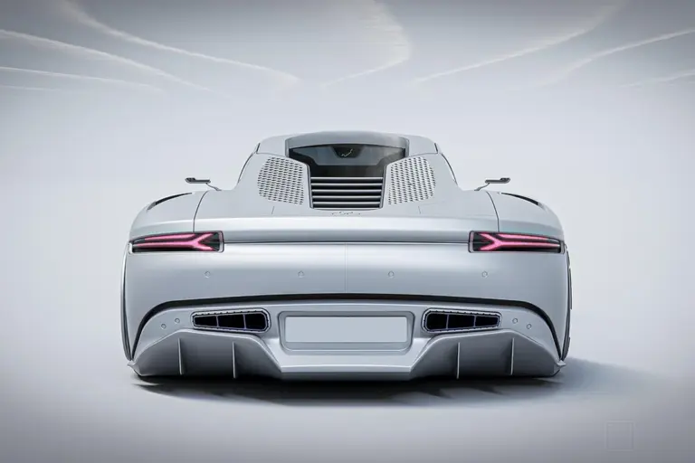 Rear view of a sleek white electric car with distinctive taillights and a sculpted rear diffuser