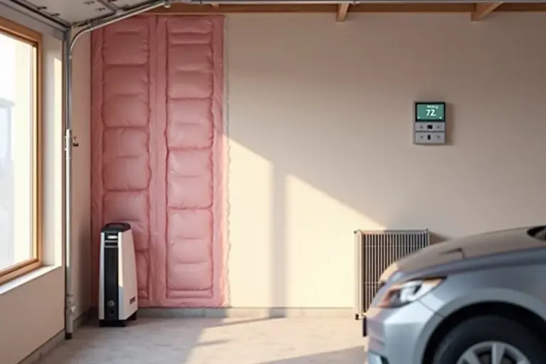 A residential garage interior with pink fiberglass insulation exposed on the left wall, a digital thermostat on the wall, a compact space heater nearby, and a car parked on the right, with natural light entering from a window.
