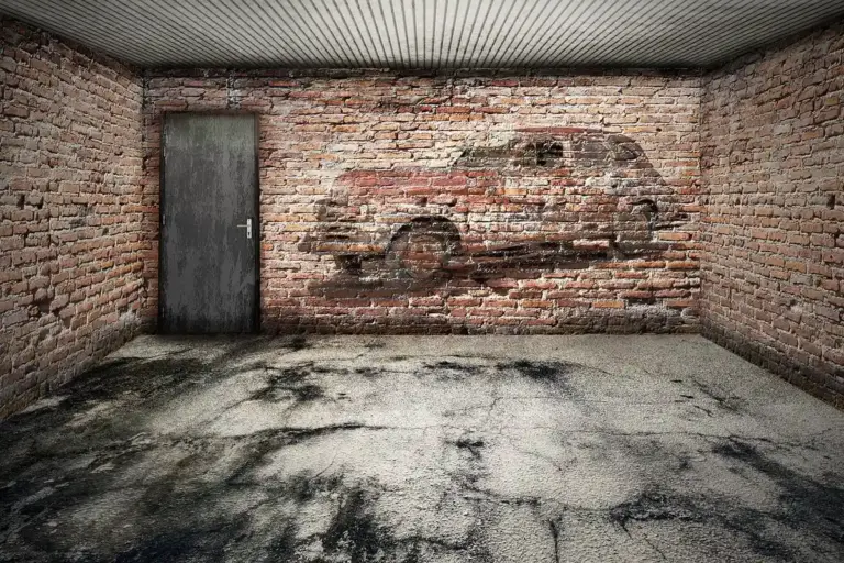 Brick garage with a weathered door on the left, a faded car silhouette painted on the brick wall, and a stained concrete floor.