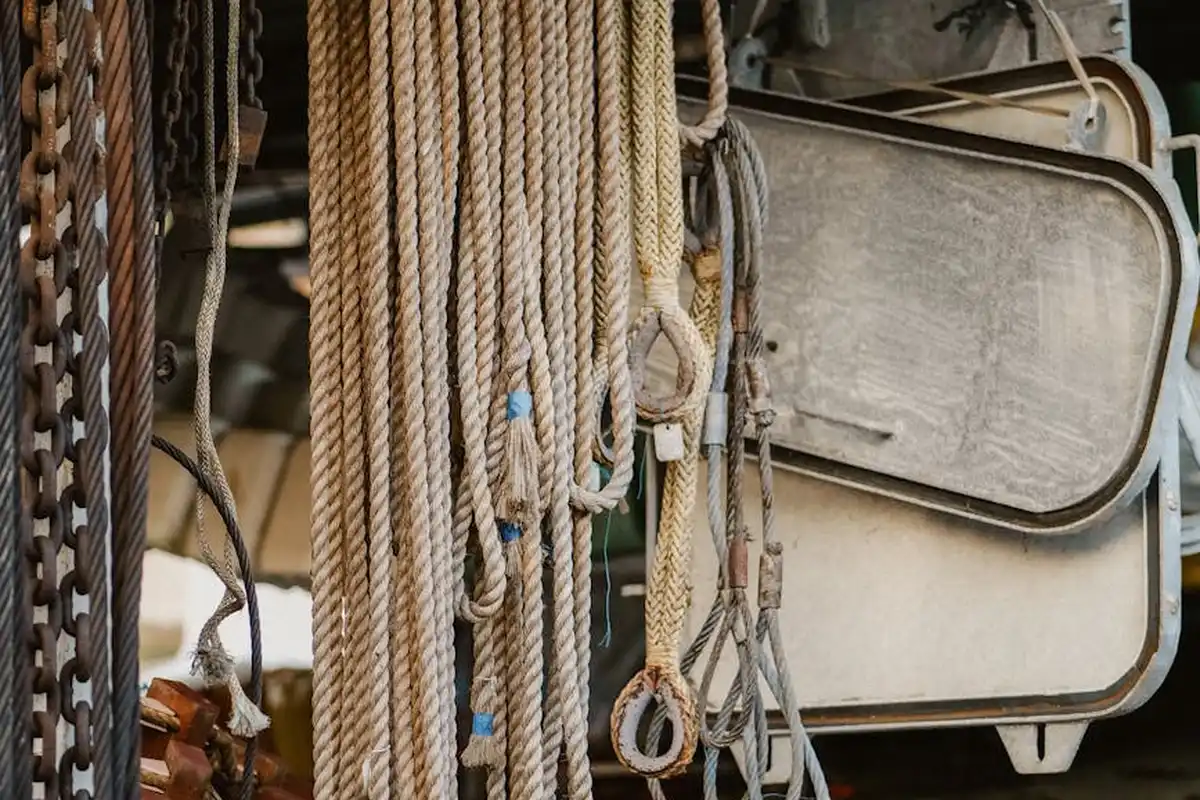 Ropes, cords, and a weathered plastic storage case hanging in a cluttered garage.