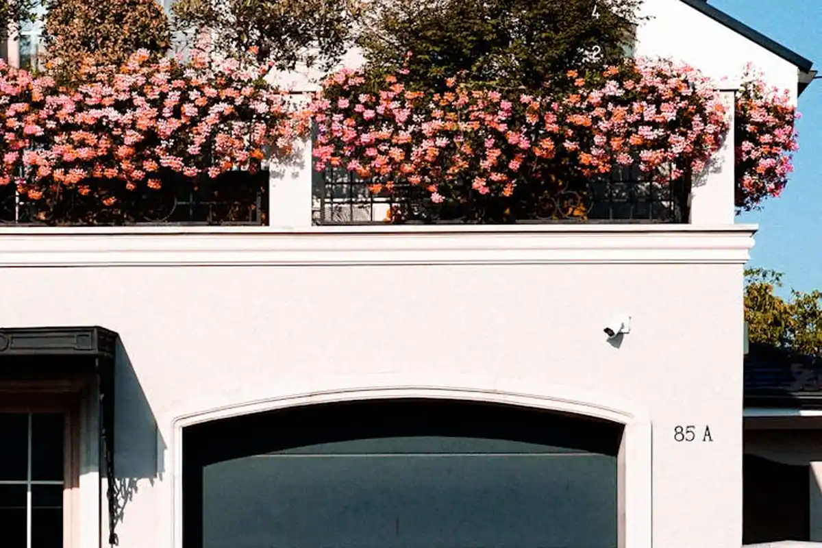 White garage with an arched door and pink flowering vines above the entrance on a sunny day