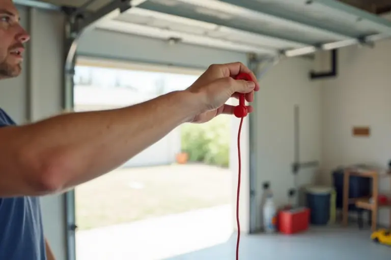 A person in a garage holding the red manual release cord attached to an automatic garage door.