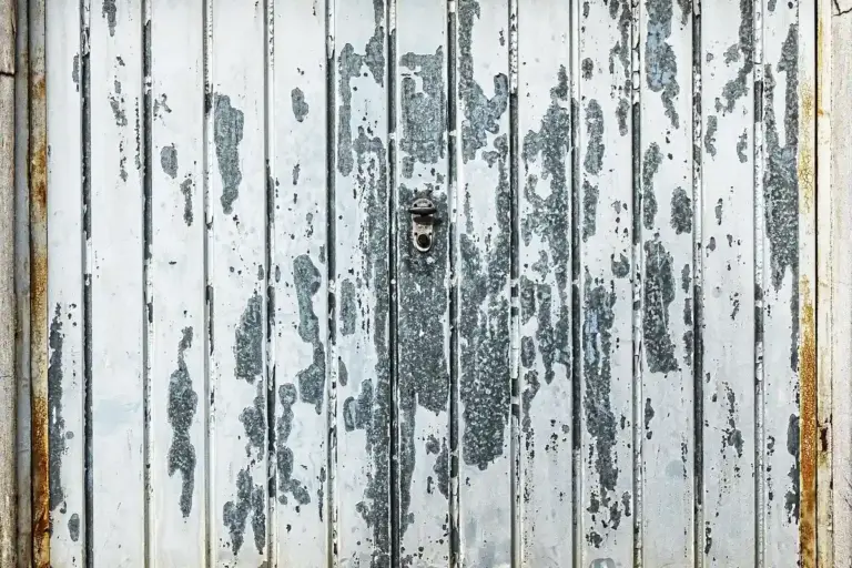 Vertical metal garage door with peeling gray paint and rust spots