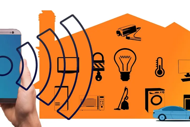 A hand holds a smartphone near a stylized orange garage door with security icons including a surveillance camera, a lock, sensors, a light bulb, and a small car illustration, emphasizing modern home security.