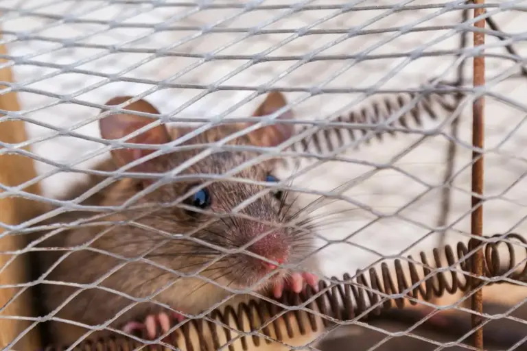 Close-up of a small brown mouse trapped behind wire mesh.