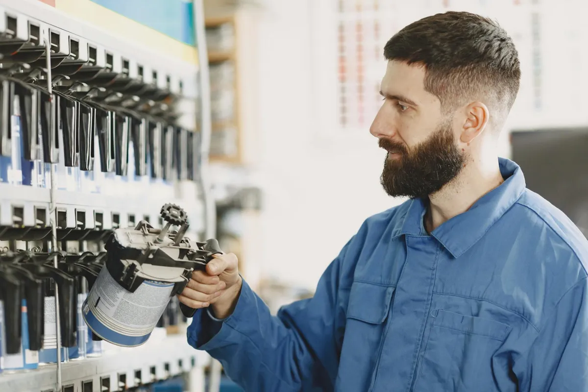 Bearded man in a blue work shirt assesses a can of primer/paint beside a row of spray guns in a workshop