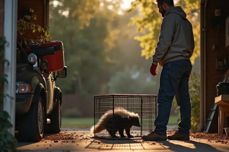 A person in a hoodie stands in a garage near a humane trap containing a skunk, with a car parked nearby.