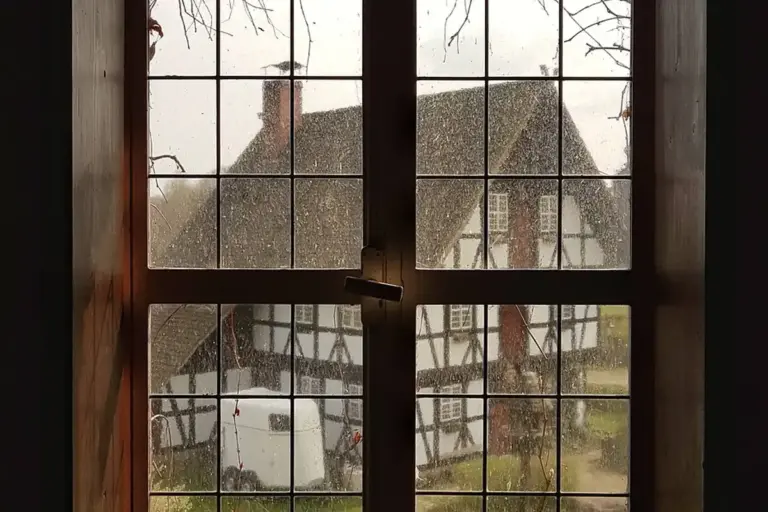 View through a wooden-framed window of a traditional timber-framed house outside, illustrating exterior framing considerations for garage walls.
