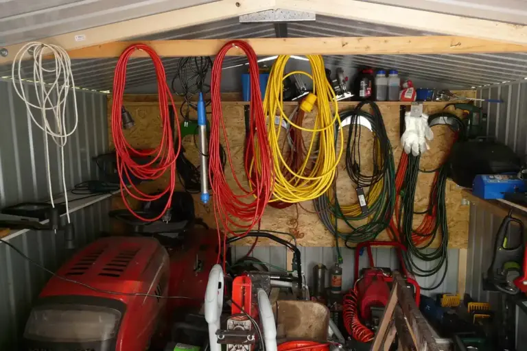 Cluttered shed interior with numerous hanging cables and tools, including red and yellow extension cords and workshop equipment