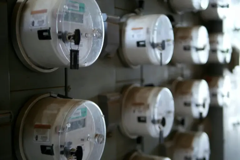 Row of electrical meters mounted on a wall in a garage or utility area