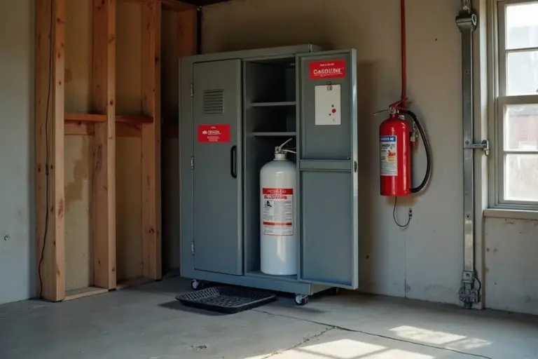 Metal flammable-storage cabinet in a residential garage with a gas cylinder inside and a fire extinguisher mounted on the wall nearby