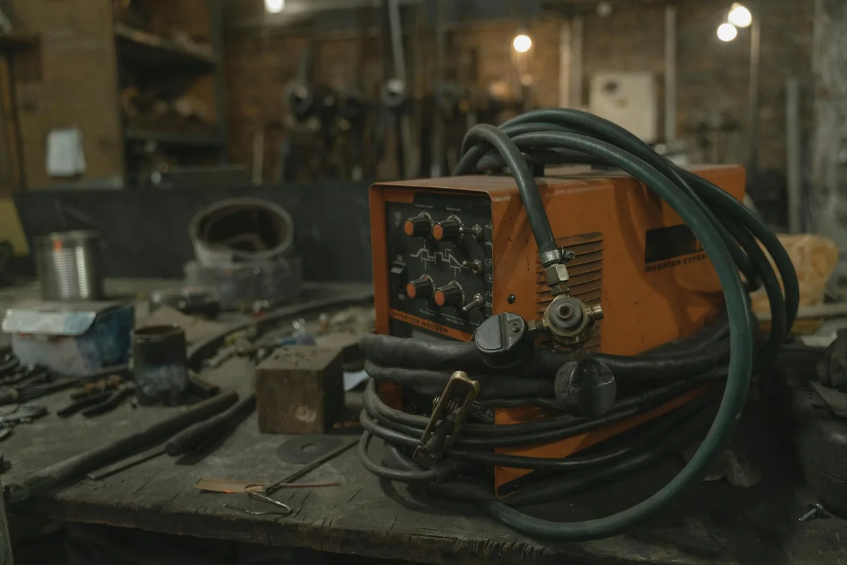 Close-up of a garage workshop bench with a welding machine and assorted tools.