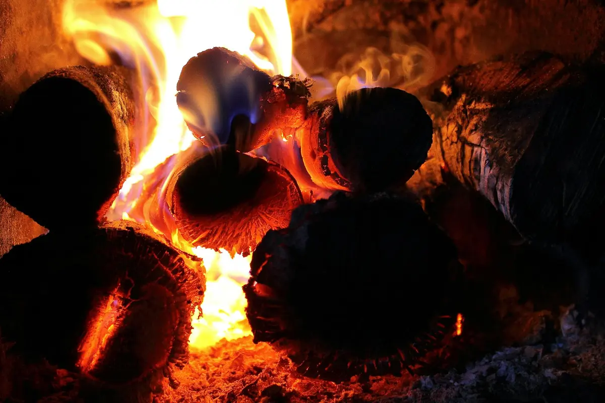 Close-up of glowing embers and flames in a fire
