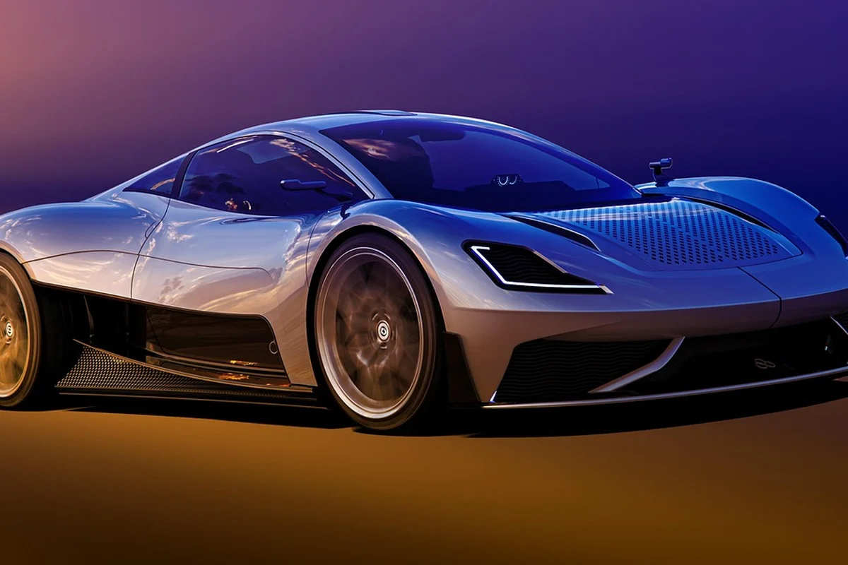 Sleek silver electric sports car on a road at sunset, illustrating a high-performance vehicle in a garage-ready setting