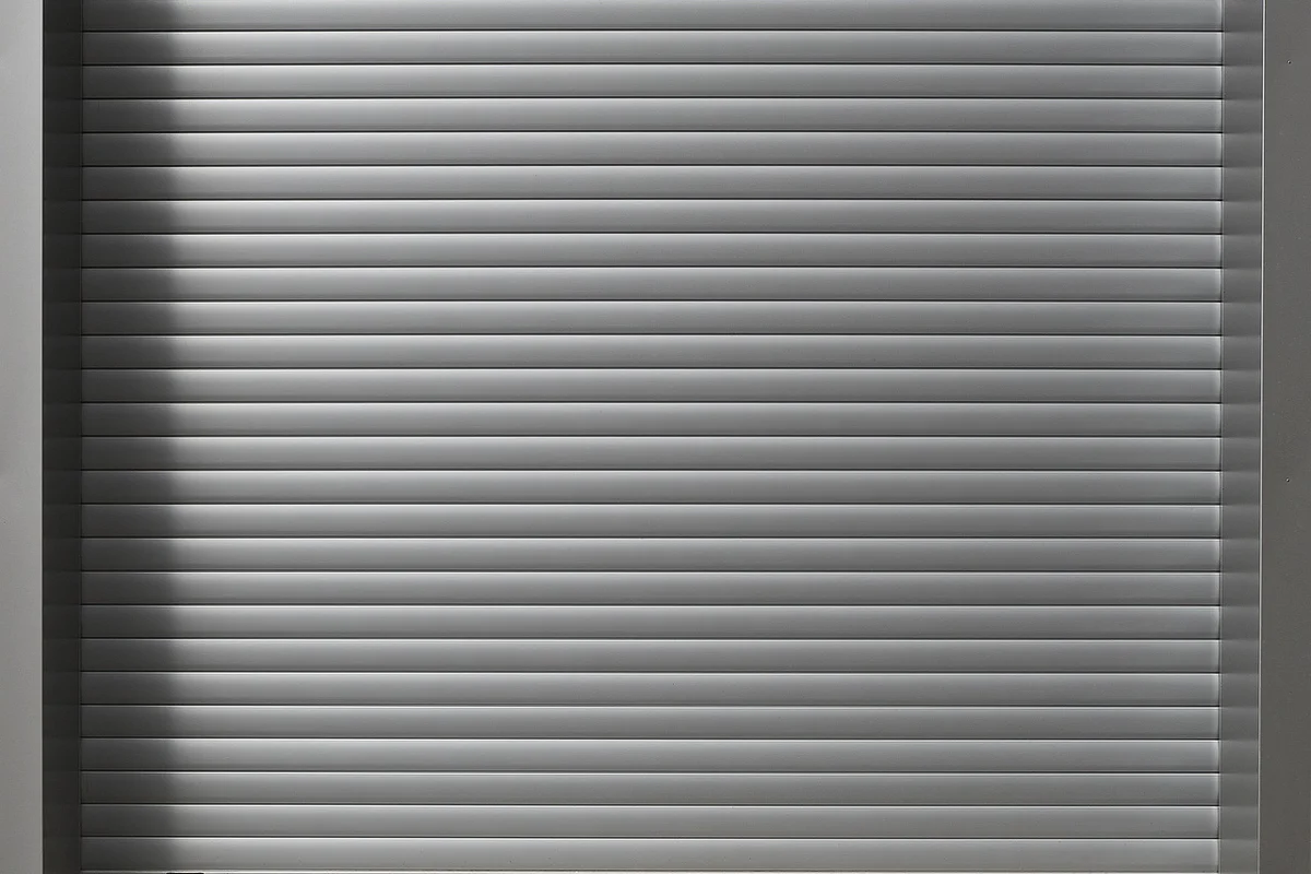 Close-up of gray horizontal window blinds.