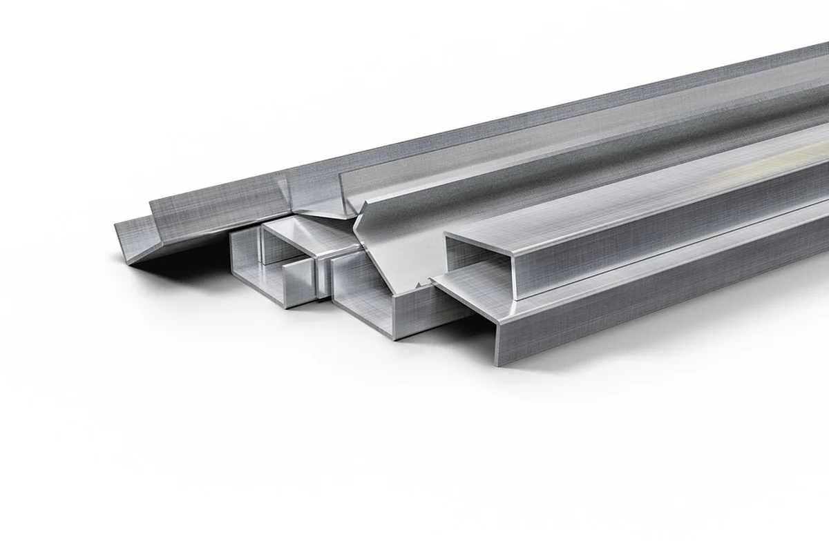 Galvanized steel stud pieces used in garage wall framing laid on a white background