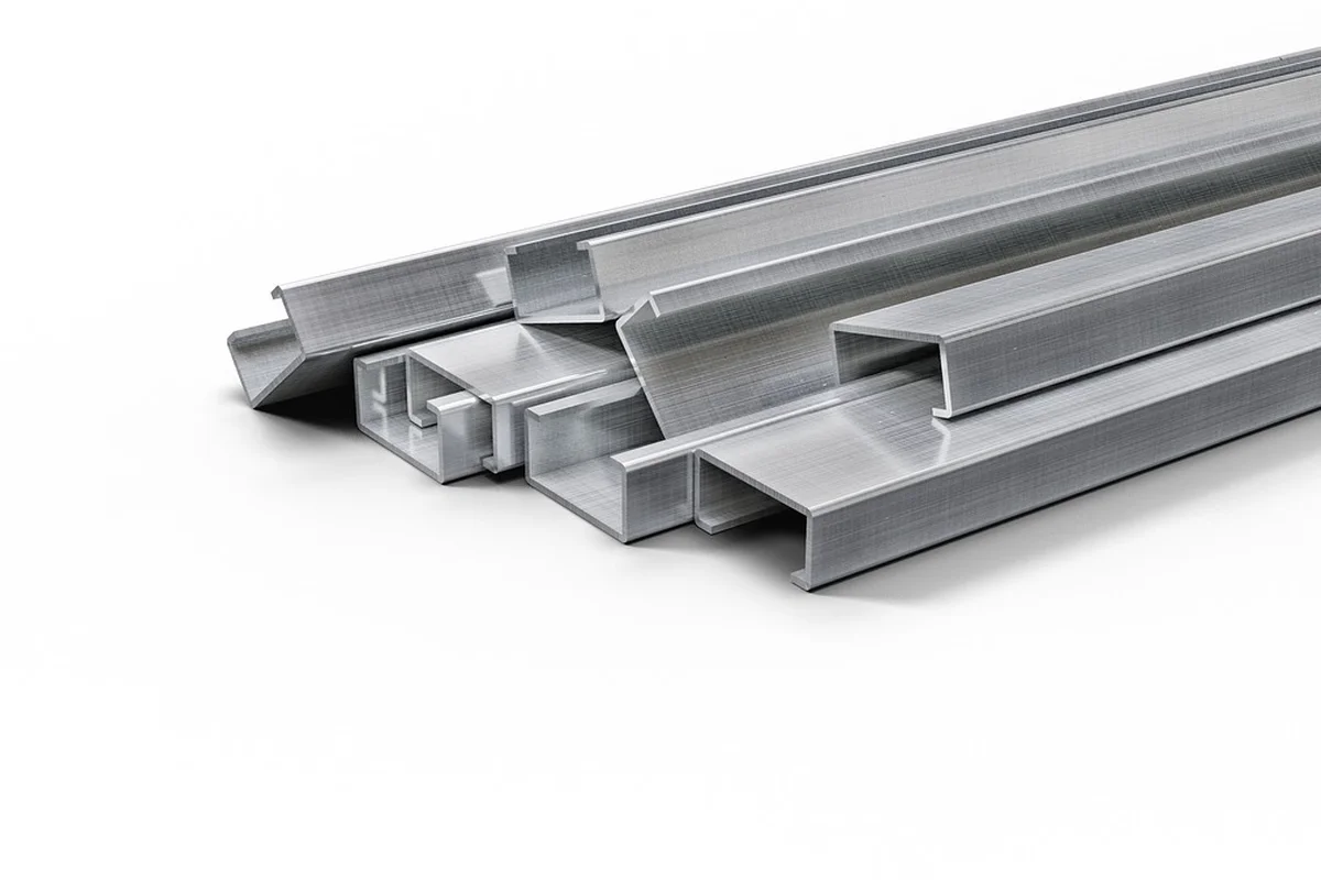 A stack of steel drywall studs and tracks used for framing a garage wall.