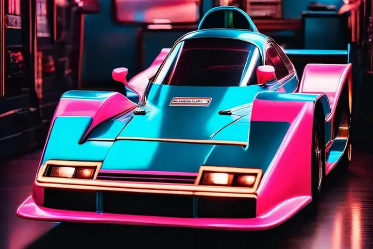Bright neon-pink and cyan toy car in a dim workshop, symbolizing technology integration and compatibility.