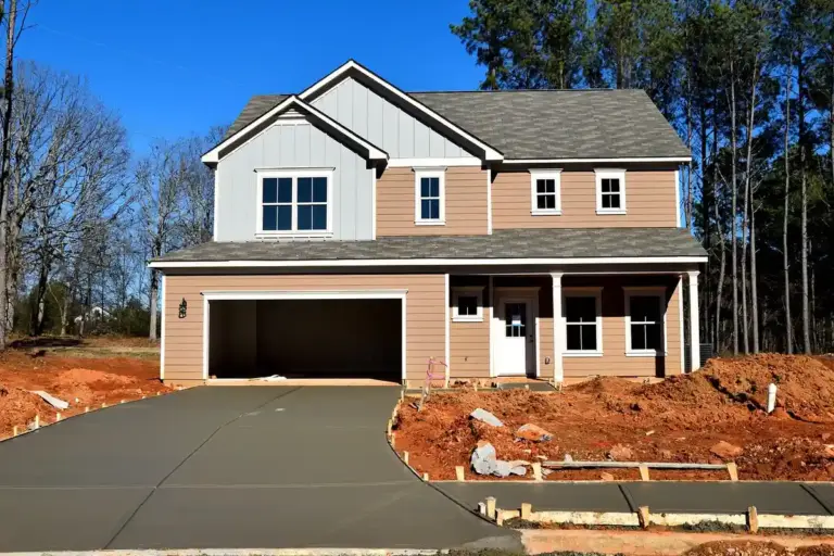 A new two-story house with a wide two-car garage, a freshly poured concrete driveway, and exposed red dirt around the lot as landscaping is completed.
