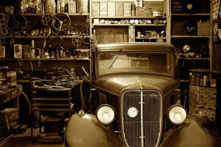 Sepia-toned image of an old car parked inside a cluttered garage filled with shelves, tools, and boxes.