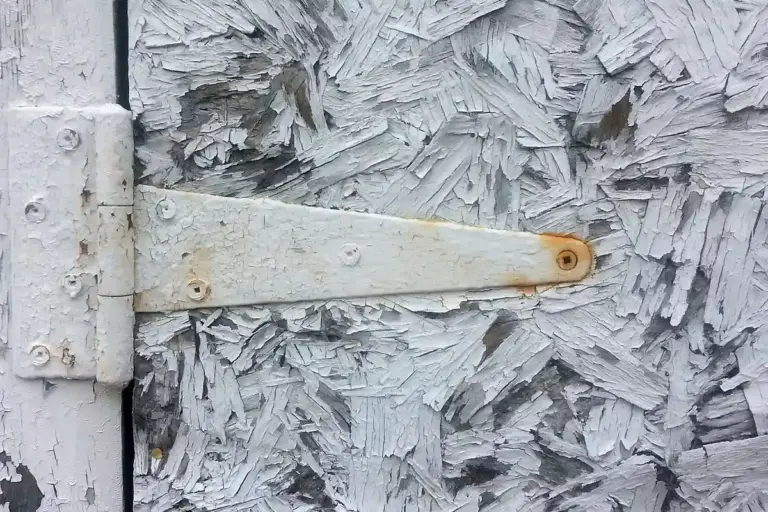 Close-up of a surface with heavy white peeling paint and a metal hinge, illustrating coating deterioration