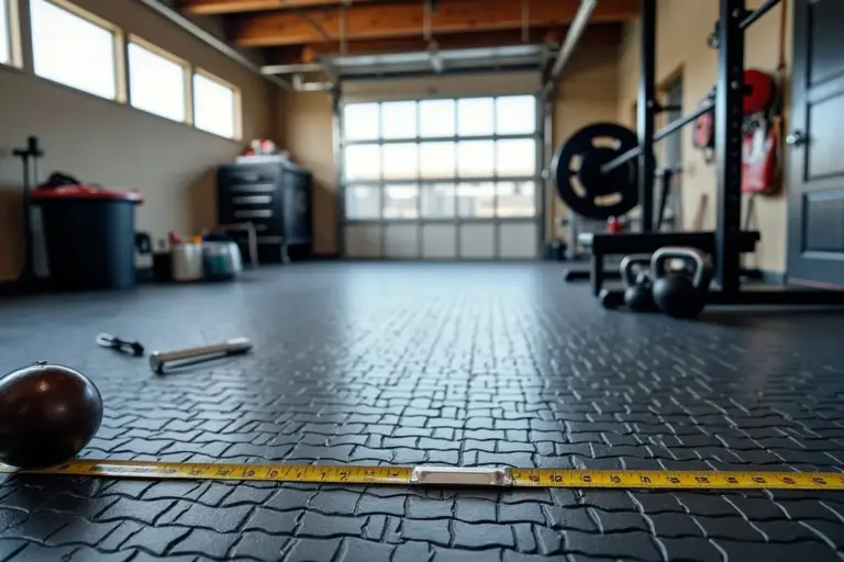 Garage gym with black rubber flooring, kettlebell, weight plates, and a measuring tape across the floor