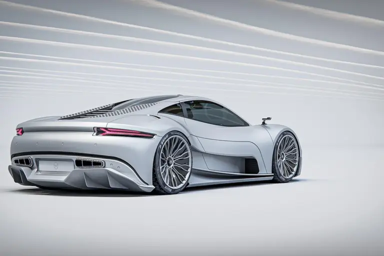 Silver sports car with an aerodynamic design in a bright, minimalist studio setting