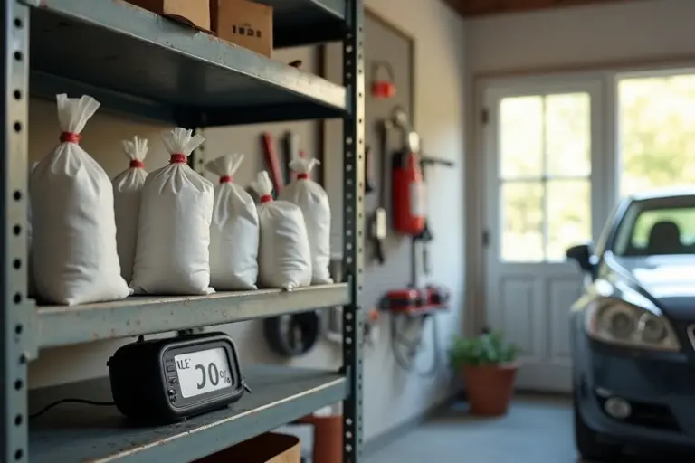 Garage interior with metal shelving holding white desiccant bags, a digital humidity/moisture gauge on the shelf, and a car parked inside near a window and door.