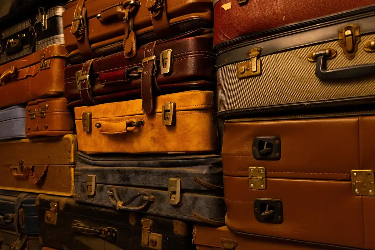 Stacked vintage suitcases in various colors forming a crowded wall of storage.